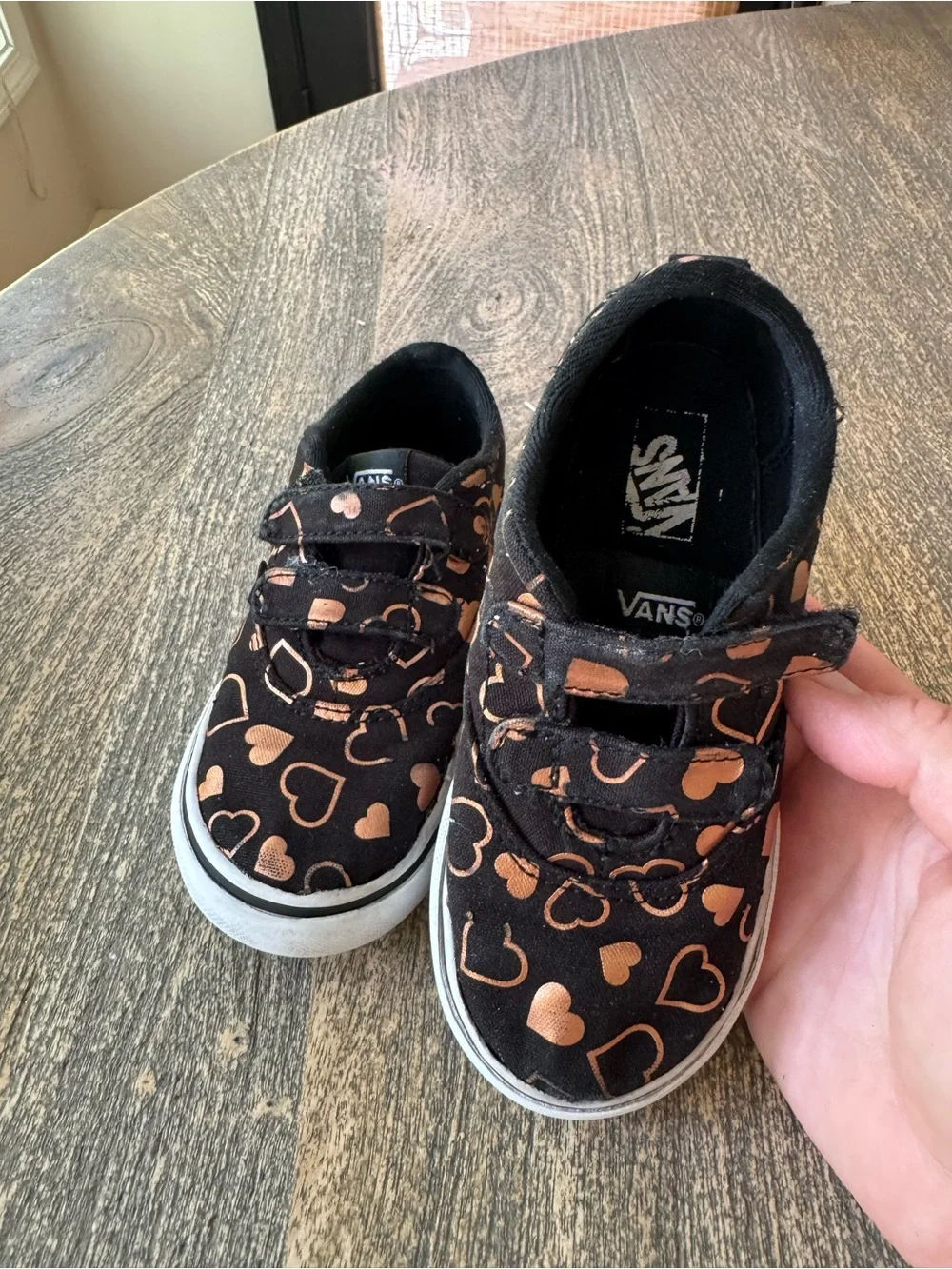 Vans Kids Black Sneakers with Rose Gold Heart Print